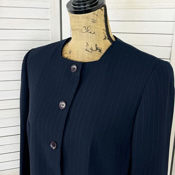 Dress Barn Pinstripe Long Line Blazer Jacket Blue Tan 10 Suit Coat - Picture 5 of 16